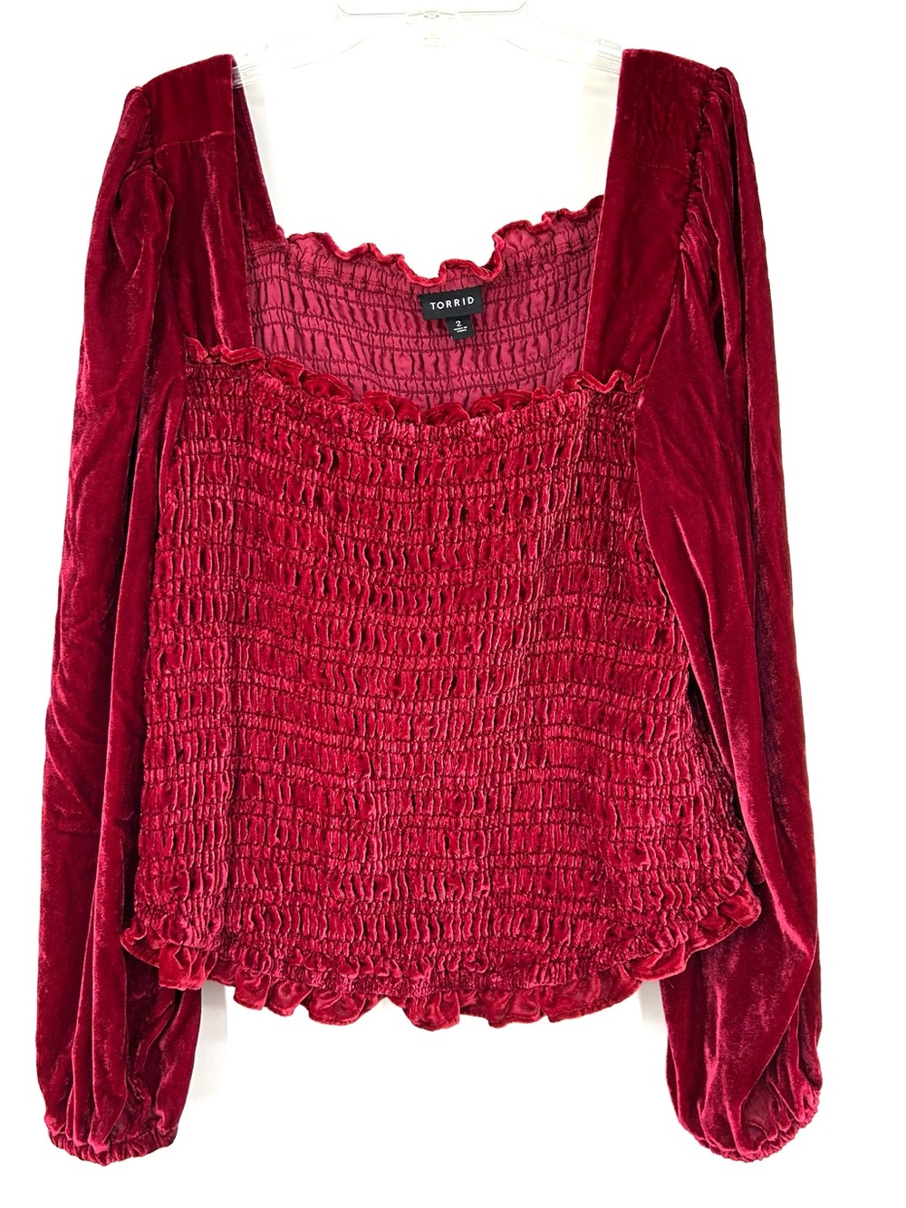 Torrid Velvet Smocked Blouson Sleeve Crop Top Red